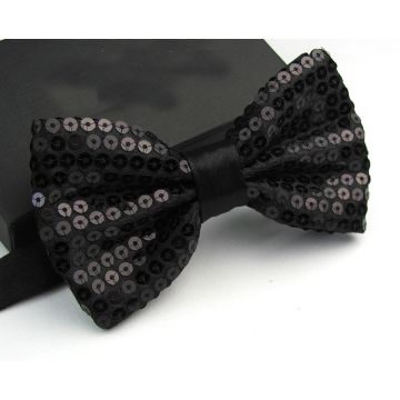 Black Sequin Bow Tie - Clip-On Formal Accessory with Gunmetal Sparkle