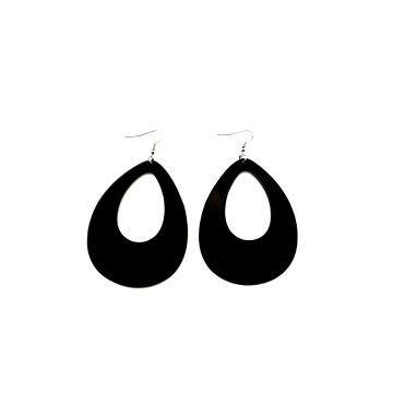 Adult 80s black teardrop earrings with hollow cutout design on white background