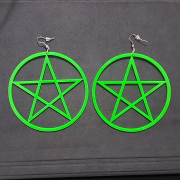 Neon green pentagram star hoop earrings with fishhook closures on white background