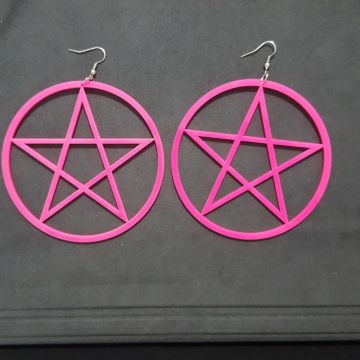 Hot pink pentagram star dangle earrings with silver fishhook ear wires on white background