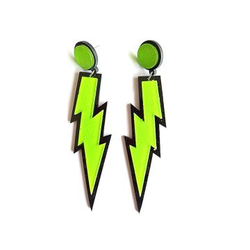 Adult 80s Lightning Bolt Earrings - Neon Green Glitter Dangle Studs