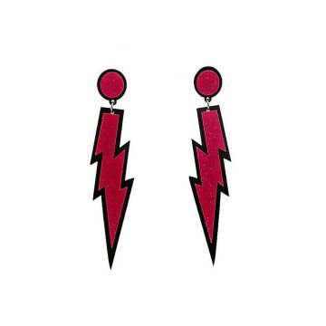 Adult 80s Lightning Bolt Earrings - Pink Glitter Rock Star Drop Earrings