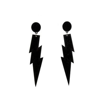 Adult 1980s Black Glitter Lightning Bolt Earrings - Rock Star Costume Accessory