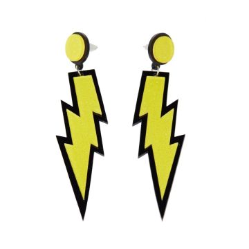 Adult 80s Lightning Bolt Earrings - Neon Yellow Glitter Stud Dangles