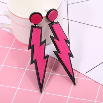 Adult 80s Lightning Bolt Earrings - Hot Pink Glitter Dangle Studs