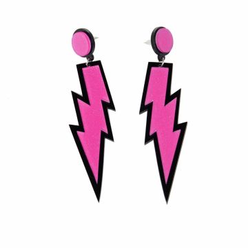 Close-up of 80s lightning bolt dangle earring showing two-tier construction with metal jump ring connection