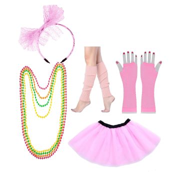 Baby Pink Coobey Ladies 80s Tutu Skirt Fishnet Gloves Leg Warmers Necklace Dancing Costume Accessory Set tt1074-10tt1059-12lx3006-10tt1017tt1048-6