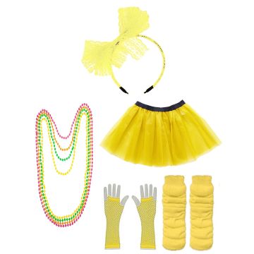 Yellow Coobey Ladies 80s Tutu Skirt Fishnet Gloves Leg Warmers Necklace Dancing Costume Accessory Set tt1074-6tt1059-2lx3006-6tt1017tt1048-7