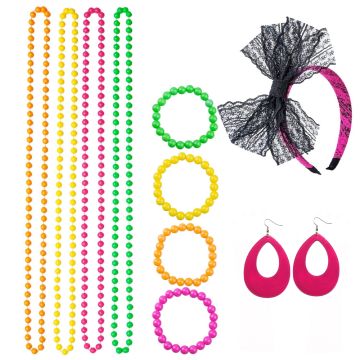 Adult 80s neon accessories set with beaded necklaces and bracelets in fluorescent colours