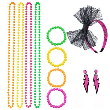 80s neon accessory set with four beaded necklaces and bracelets in pink orange yellow green