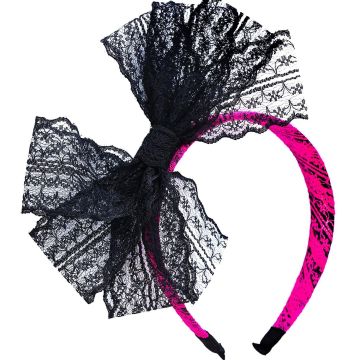 Hot pink 80s headband with oversized black lace bow and grosgrain ribbon trim