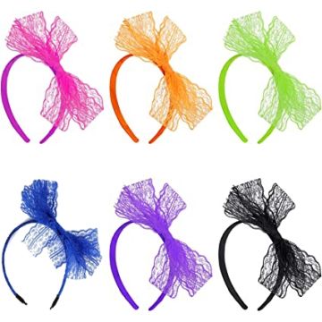 Six neon lace bow headbands in pink orange green blue purple black with oversized bows