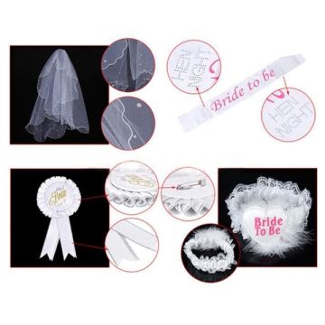 Bride to Be Hen's Night Accessory Set - Veil, Sash, Garter & Badge