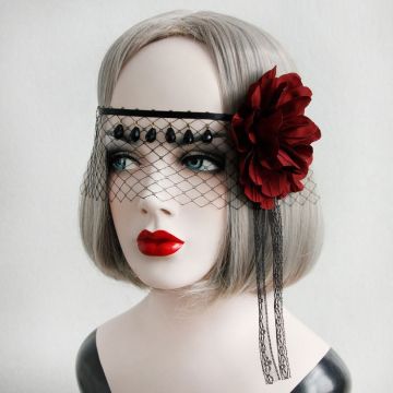 Adult Gothic Vampire Veil Headpiece with Red Rose - Black Mesh Face Veil