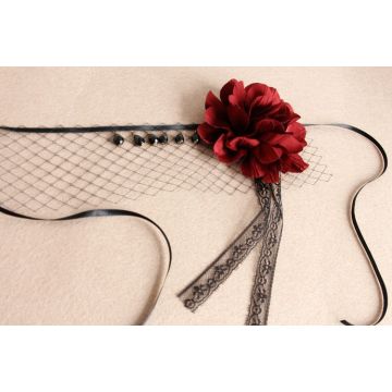 Adult Gothic Vampire Veil Headpiece with Red Rose - Black Mesh Face Veil