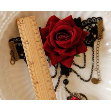 Adult Gothic Victorian Hand Chain - Red Rose Lace Bracelet Ring Set