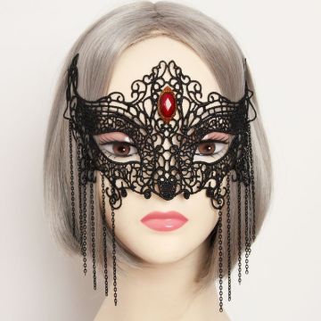 Womens Black Lace Mask with Red Gem - Gothic Masquerade Eye Mask