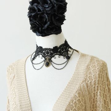 Victorian Gothic Lace Choker Necklace - Black Lolita Beaded Chain Collar