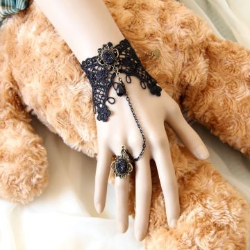Adult Gothic Victorian Lace Hand Chain Bracelet Ring Set - Black Vampire Jewelry