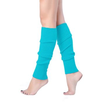 Turquoise ribbed leg warmers with scrunched 80s styling on adult model