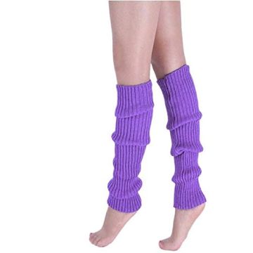 Purple ribbed knit leg warmers with 80s scrunch design