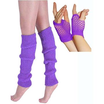 Adult purple ribbed leg warmers and fingerless fishnet gloves set for 80s retro costume
