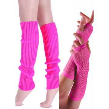 Hot pink 80s aerobics accessories showing scrunched leg warmers and diamond mesh gloves