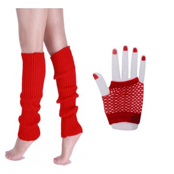 80s Neon Red Leg Warmers & Fishnet Gloves Set - Adult Retro Accessory Kit