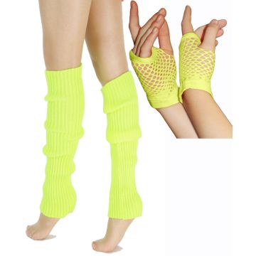 Adult Neon Yellow Leg Warmers & Fishnet Gloves Set - 80s Retro Costume Accessories