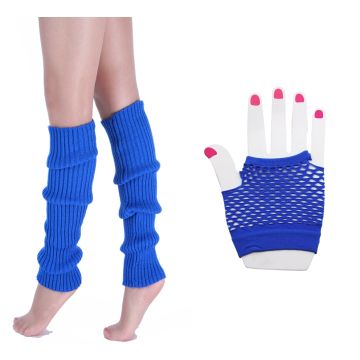 Adult electric blue fishnet fingerless gloves with diamond mesh pattern for 80s costume