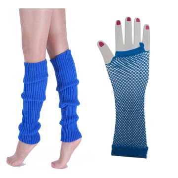 Adult Blue Neon Leg Warmers and Fishnet Gloves Set - 80s Retro Accessory Kit