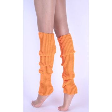 Neon orange ribbed knit leg warmers with vertical texture and scrunch layers