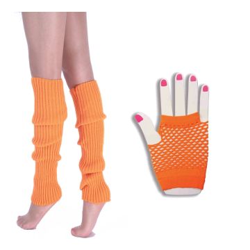Neon orange ribbed leg warmers and fingerless fishnet gloves on adult model