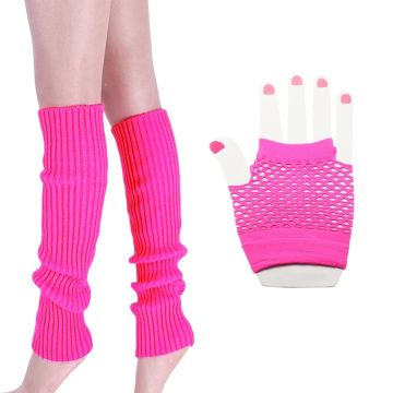Adult 80s Neon Pink Leg Warmers & Fishnet Gloves Set