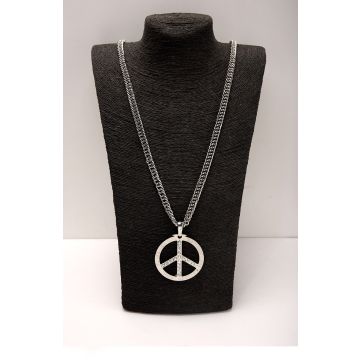 Adult Peace Sign Necklace - 70s Hippie Statement Pendant with Rhinestones