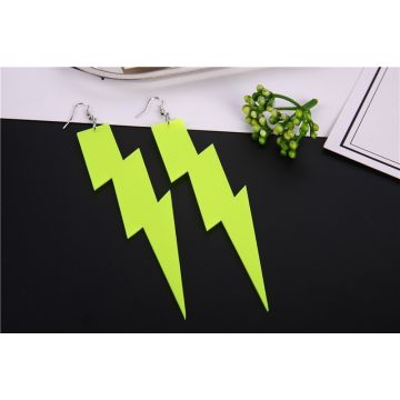 Neon chartreuse lightning bolt earrings with glitter finish on white background