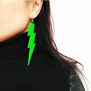 Neon green lightning bolt drop earrings with glitter finish