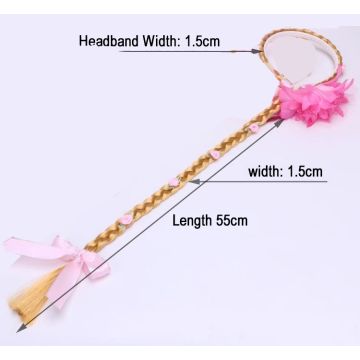 Girls Princess Wig Headband with Long Golden Braid and Pink Flower - 55cm