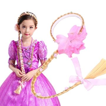 Long blonde braid headband accessory with layered pink organza flower