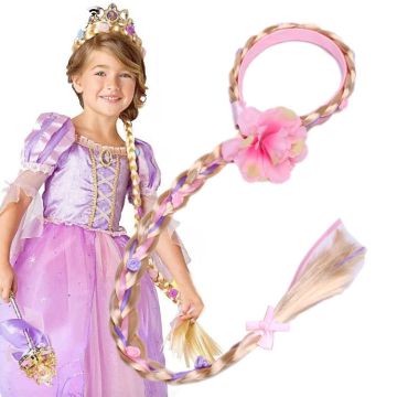 Long princess braid wig on pink plastic headband with lavender and pink ribbon accents