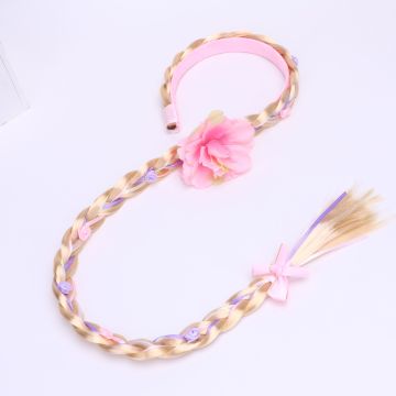 Girls Long Blonde Braided Wig Headband with Pink Flower - 55cm Princess Braid