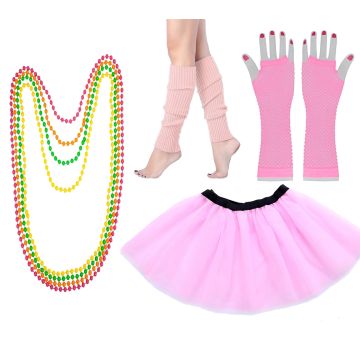 Adult Women's 80s Pink Tutu Costume Set with Leg Warmers & Neon Accessories