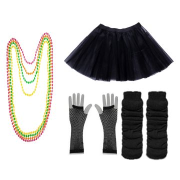 Womens 80s Costume Accessory Set - Neon Tutu, Fishnet Gloves & Leg Warmers