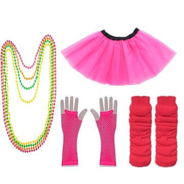 Adult 80s Pink Tutu Costume Set - Neon Fishnet Gloves, Leg Warmers & Beads