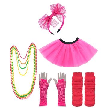 Dark Pink Coobey Ladies 80s Tutu Skirt Fishnet Gloves Leg Warmers Necklace Dancing Costume Accessory Set tt1074-2tt1059-1lx3006-7tt1017tt1048-12