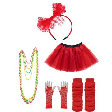 Red Coobey Ladies 80s Tutu Skirt and Accessory Set tt1074-3tt1059-4lx3006-3tt1017tt1048-11