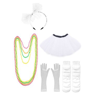 Womens 1980s white tutu accessory set with lace bow headband and neon necklaces