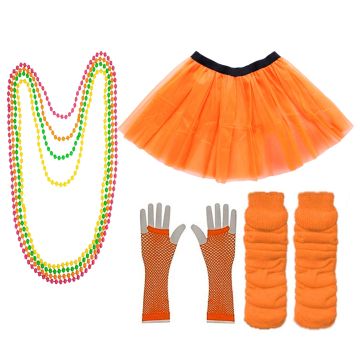 Womens 80s Neon Costume Accessory Set with Tutu and Fishnet Gloves