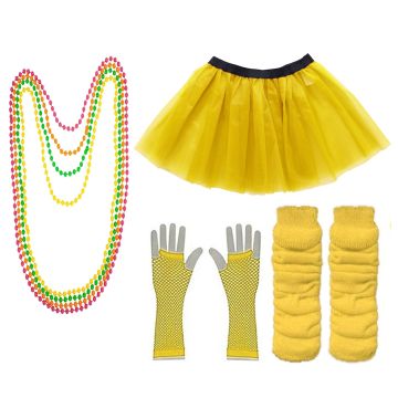 Ladies 80s Neon Accessory Set - Yellow Tutu, Fishnet Gloves, Leg Warmers & Beads