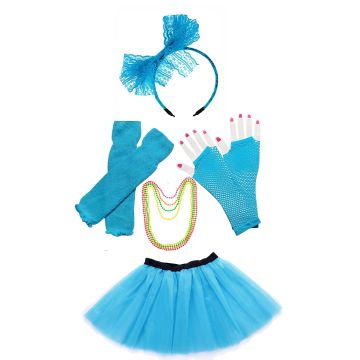 Adult turquoise 80s costume set with tutu skirt and fishnet accessories